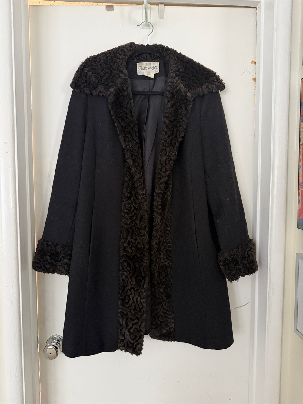 Chadwicks Black Wool Coat with Faux Fur Trim